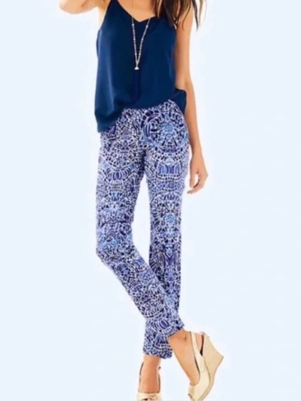 Lilly Pulitzer Kelly Skinny Ankle Pants, Bright Navy, Taverna Tile, Sz 2, NWT